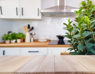 Fototapeta na wymiar Wood table top with green plants on blur kitchen counter (room)background.
