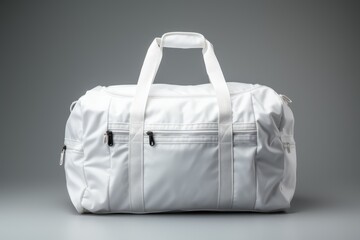 a blank white duffel bag, meticulously styled and photographed against a crisp and seamless white background