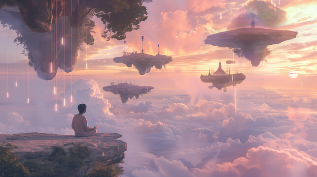 Surreal Floating Island with Chess Pieces in Dreamlike Sky