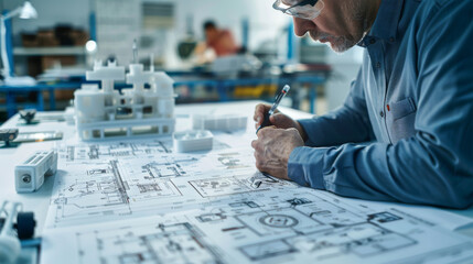 Engineer meticulously working on technical drawings