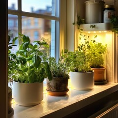 Cozy indoor herb garden with potted plants and soft grow lights