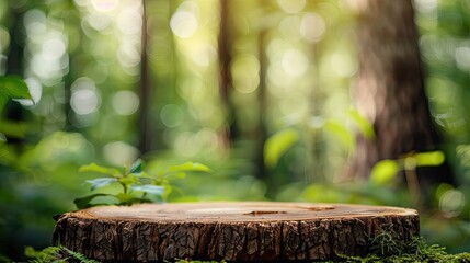Rustic wooden podium in a green forest