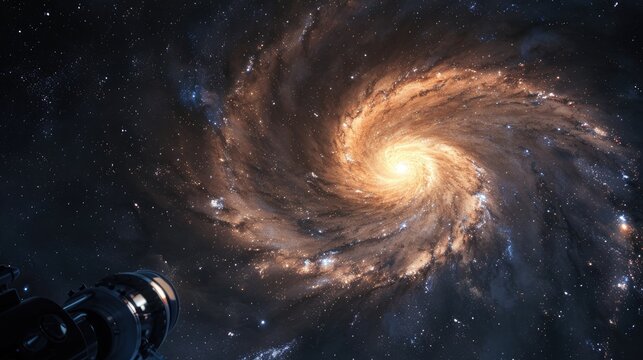 Spiral galaxy viewed through a powerful telescope in a starry sky