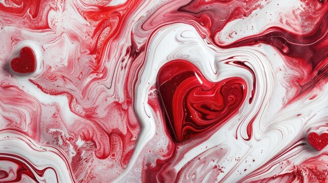 Swirling marble patterns in reds and whites with heart shapes