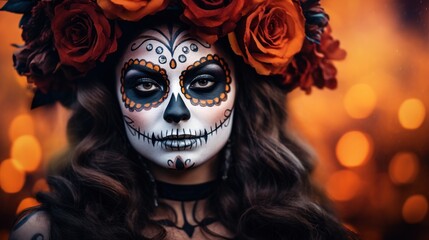 a woman with face paint and roses