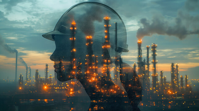 Double exposure of Engineer with safety helmet with oil refinery industry plant background.