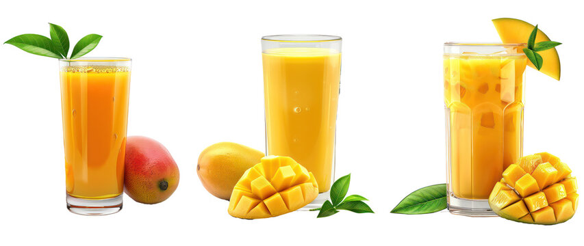 Set of fresh glass of mango juice with mango slice fruit and leaf isolated on a transparent background for promotion, advertisement or a cafe or restaurant menu.