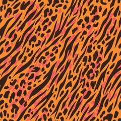 Animal skin seamless pattern. Random abstract shapes, wildcat and zebra skin imitate. Wild nature safari all over surface print for fabric, paper, package. Tiger, cheetah and zebra vector background.