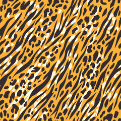 Animal skin seamless pattern. Random abstract shapes, wildcat and zebra skin imitate. Wild nature safari all over surface print for fabric, paper, package. Tiger, cheetah and zebra vector background.