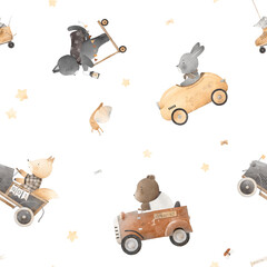 Seamless pattern cars with animals. Watercolor Background. Retro cars. Beautiful pattern for a child's room. © bukhavets