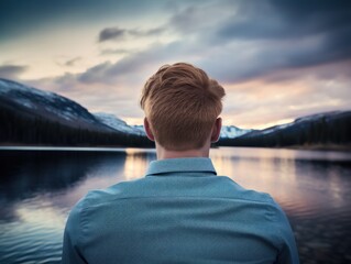 a man looking at a lake