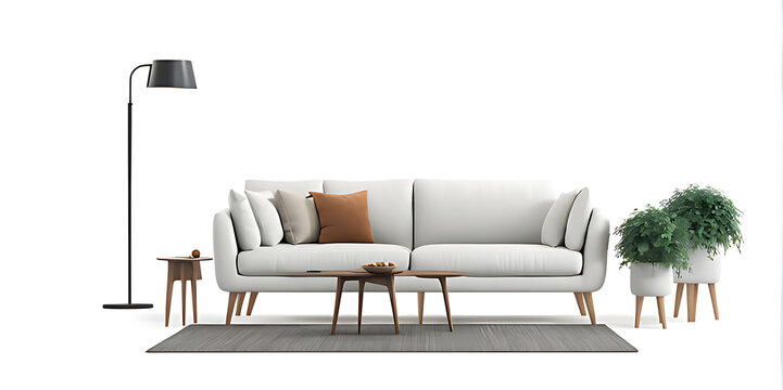  Modern living room interior with sofa isolated on white background. 3d rendering 