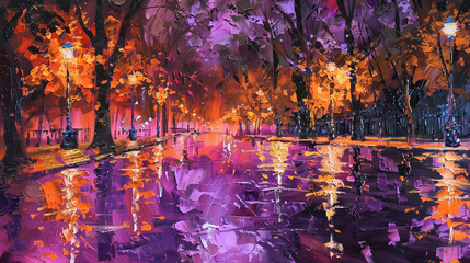 Textured oil painting of a park at dusk, with violet and orange hues on wet asphalt.