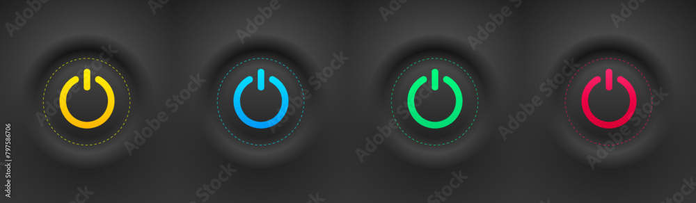 Poster Set of black round buttons with colored power symbols. User interface elements for mobile devices, UI, UX.