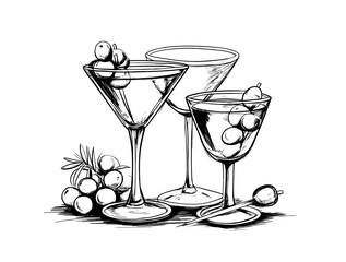 Aperitif. Glasses with wine and olives. Black and white outline on white background. Hatching