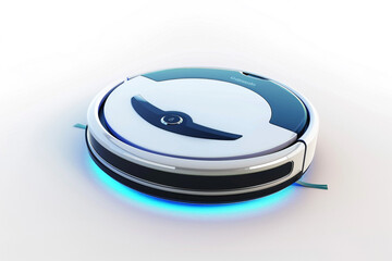 A modern and stylish robotic vacuum cleaner with automatic charging and scheduling features isolated on a solid white background.