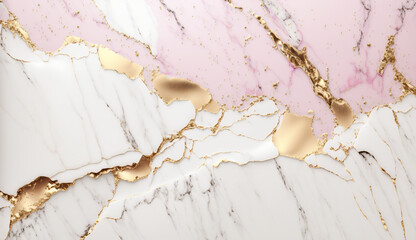 White and pink marble background with gold splashes
