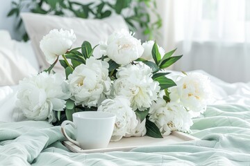 Serene Bedroom Morning With White Peonies on Soft Linens