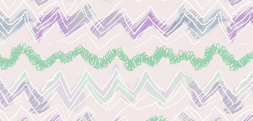 Soft lavender and mint zigzag doodles against pale grey, ideal for calm decor.