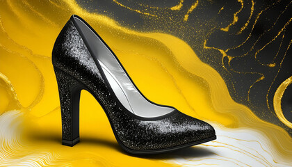 High fashion black high heel with exquisite and luxurious background