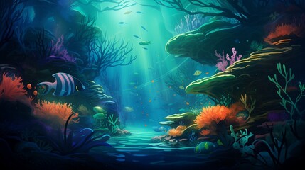 An enchanting underwater scene, where schools of fish swim amidst coral reefs bathed in the ethereal glow of green and orange bioluminescence.
