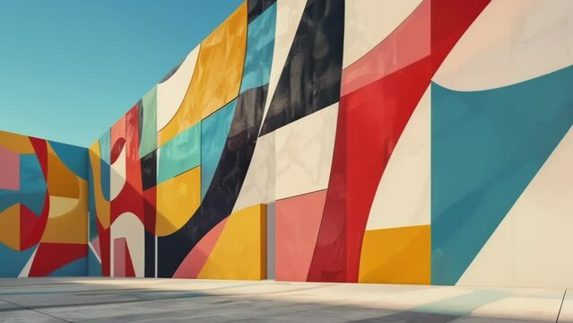 a building mural displaying a captivating abstract design made up of intricate geometric patterns. .