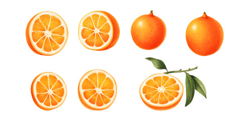 Orange Fruit Watercolor Set. Fresh summer fruit, citrus mandarin fruit, orange fruit slice isolated on white background. Vector illustration