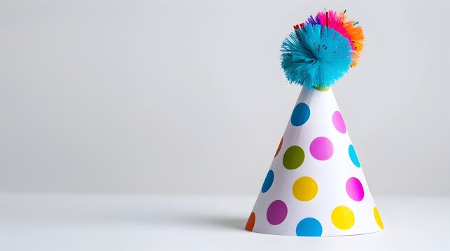 Vibrant Polka Dot Party Hat: A Playful Statement Against a Pure White Backdrop