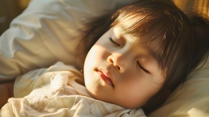 Sleeping Asian Child Basking in Gentle Sunlight and Shadows in Cozy Room