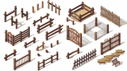 Set of Fences Vectors in Isometric View. Collection 