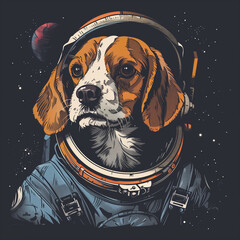 Illustrated beagle in a space suit against a starry background