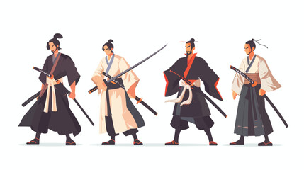 Set of Four samurai isolated on white background.