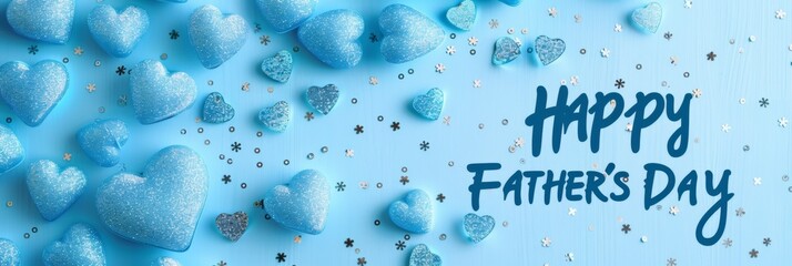 Light blue background, blue hearts and sequins, text: "Happy FATHER'S DAY"