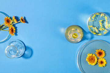 Two erlenmeyer flasks and few petri dishes arranged against blue background with liquid filled...