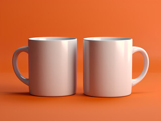 Two white vibrent color modern mug mockup on clean orange background, 3d render 4k, 8k, clean, high resolution, realistic