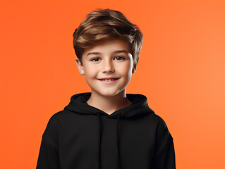 a young boy wear white T Shirt mockup on orange clean background