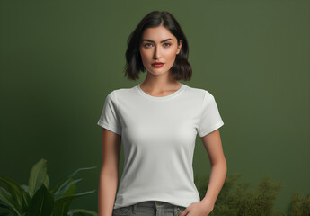 a young girl wear white t shirt mockup on olive green clean background, 3d render 4k, 8k, clean, high resolution, realistic