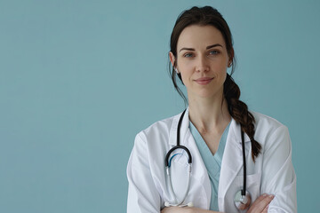 Fototapeta premium Medical concept of young female doctor in white coat with stethoscope 