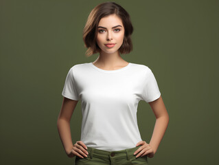 a young girl wear white t shirt mockup on olive green clean background, 3d render 4k, 8k, clean, high resolution, realistic