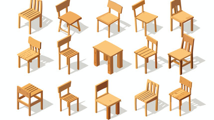 Set of wooden chairs with backrest in isometric Vector