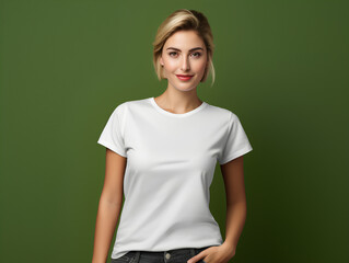 a young girl wear white t shirt mockup on olive green clean background, 3d render 4k, 8k, clean, high resolution, realistic