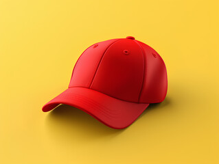 Red cap mockup on yellow clean background, 3d render 4k, 8k, clean, hd, realistic