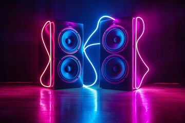 Two sound speakers in neon light with sound wave between them on black
