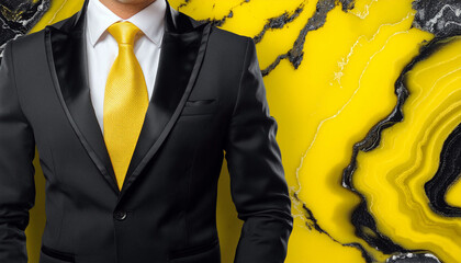 Male model posing in black suit and yellow tie. Men's fashion concept.