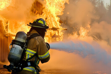 Brave Firefighter Extinguishing Blazing Fire