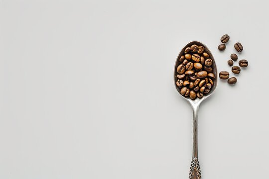 A spoon with coffee beans, white studio environment, Sony 90mm lens, top view, large area of white space --ar 3:2 Job ID: d9287909-31a5-4841-8c26-324c8221c3b3