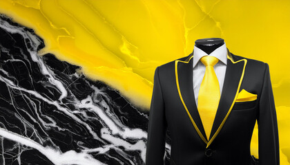 Fashionable black suit and yellow tie on display in front of luxurious marble storefront backdrop. AI generated.