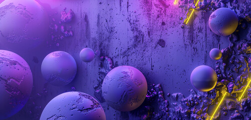 Spherical shapes in lavender and violet float on a grungy texture, highlighted by neon yellow.