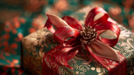 A detailed view of a festively wrapped Christmas present, featuring a red ribbon and elegant adornments