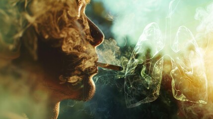 a smoker is smoking cigarette next to lungs full of smoke. generative ai